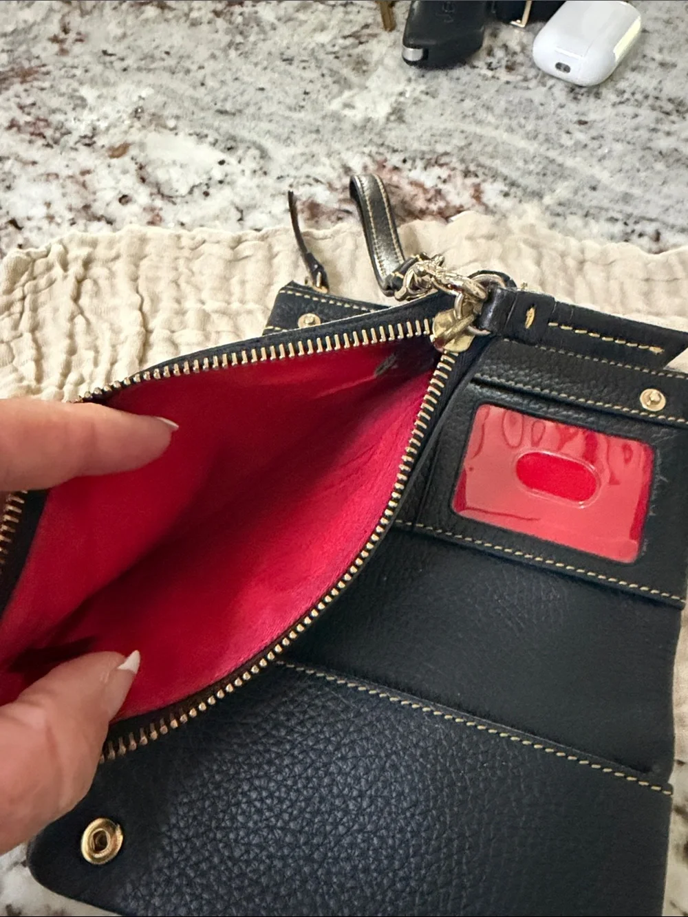 Dooney & Bourke Black Pebbled Leather Zip Wristlet with Gold Accent